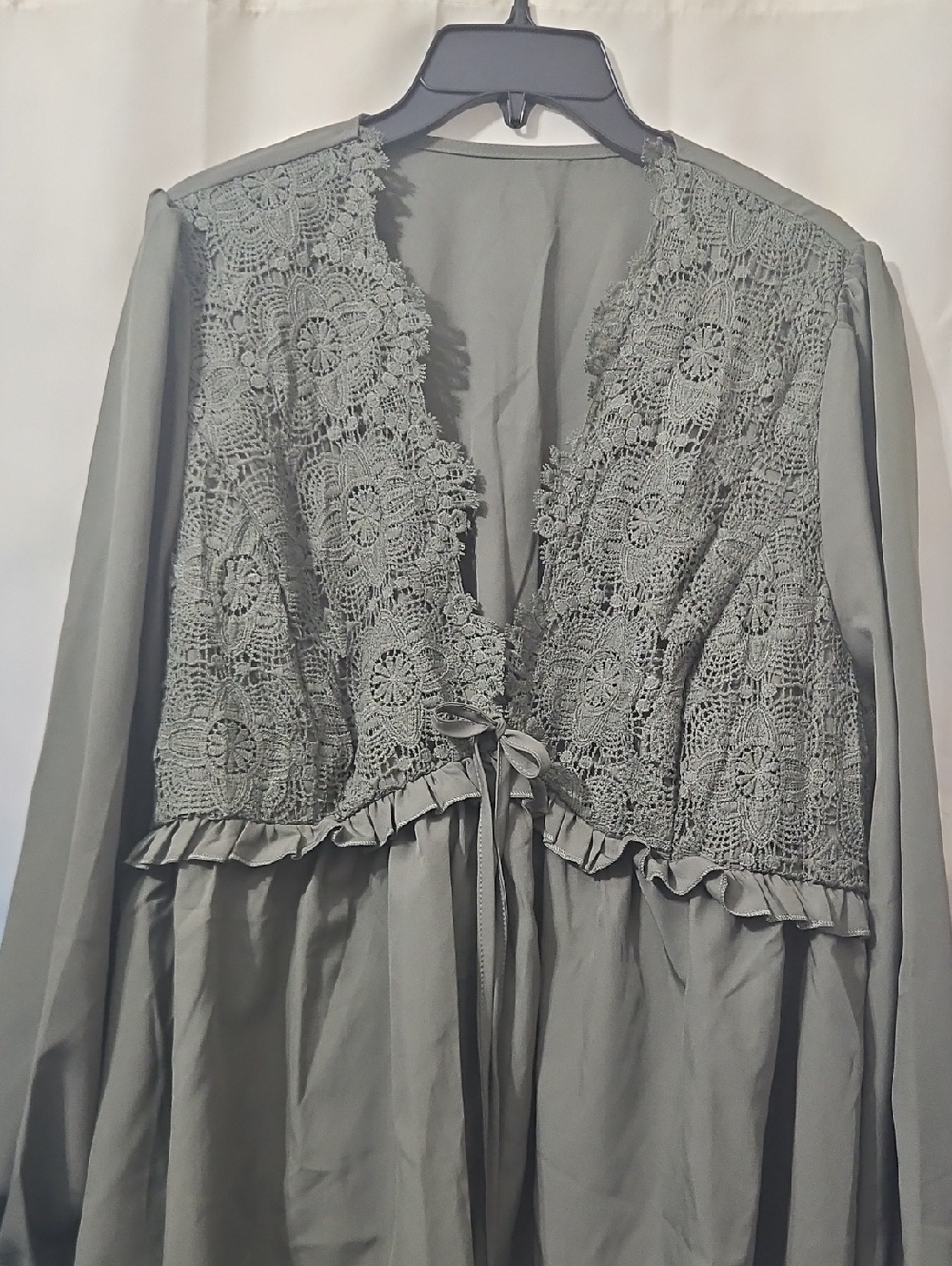 Lace Front with V- Neck, Long Sleeve Shirt in Sage Green